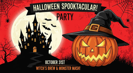 Halloween spooktacular party with haunted castle and jack-o'-lantern wearing witch hat