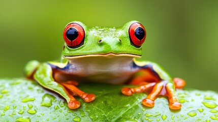 Vibrant Red-Eyed Tree Frog on Leaf with Dewdrops in Nature