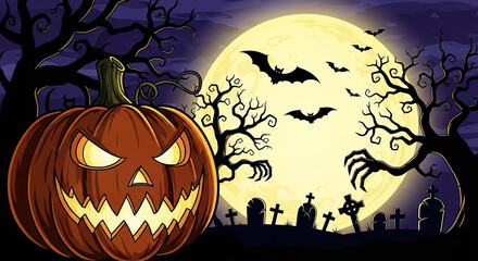 Halloween pumpkin grinning menacingly under full moon with bats and cemetery
