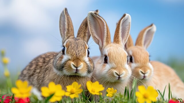 Fototapeta Cute Rabbits Sitting in a Field Surrounded by Colorful Flowers