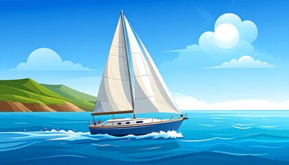 Fototapeta premium A sailboat glides across the tranquil ocean, showcasing a picturesque landscape of rolling hills and a vibrant blue sky.
