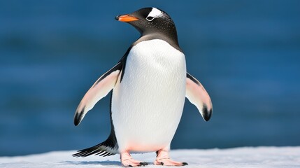 Obraz premium Gentoo Penguin Standing on Snowy Surface Against Ocean Background