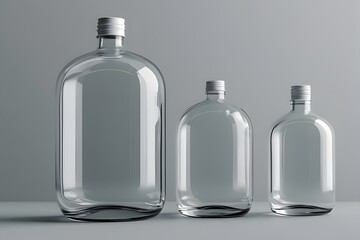 Elegant glass bottles stand in graduated sizes perfect for product mockups or stylish packaging design