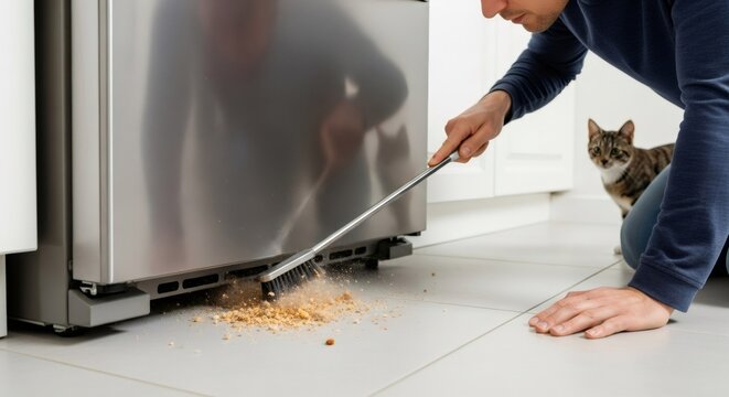 Man using brush to clean food crumbs and dirt under refrigerator. Kitchen pest control and hygiene concept with domestic cat. - Powered by Adobe