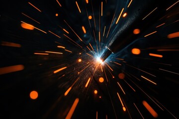 Abstract industrial background with flying welding sparks molten metal bokeh and dark steel textures energetic manufacturing mood