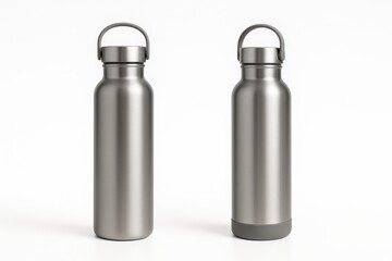 Stainless steel vacuum insulated water bottle with carry loop isolated on white reflective studio surface premium reusable canteen eco friendly hydration gear