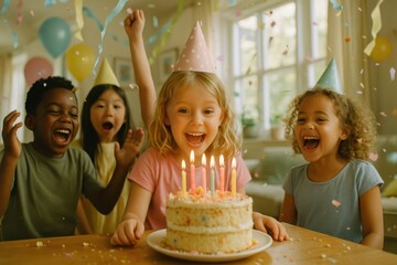 Birthday party joy with laughing children gathered around a colorful cake and balloons confetti flying candid moments in a bright home celebration