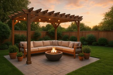 Cozy backyard patio with pergola string lights modern seating fire pit and lush greenery inviting outdoor living space at golden hour