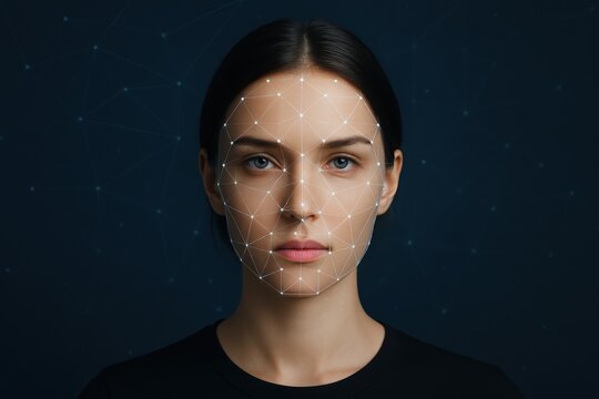 Biometric face scanning with luminous wireframe mesh and point cloud over diverse female portrait on deep blue tech background