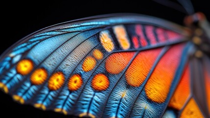 Close-up of a butterfly wing, showcasing intricate patterns and vibrant colors