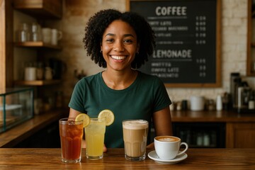 Confident female cafe owner smiling behind counter with colorful craft drinks to go small business branding and community hospitality success story
