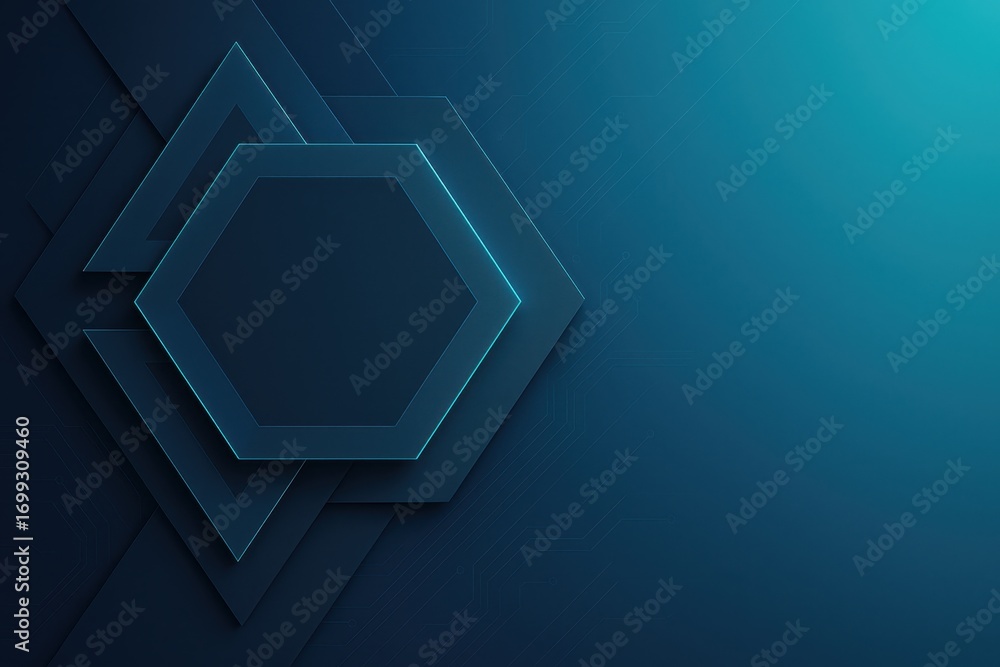 Poster blue geometric technology background with layered polygons glowing lines and subtle circuit patterns