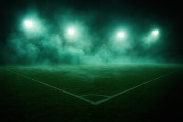 Mystic green smoke rolling across a wet night soccer field under moody stadium lights atmospheric haze drifting over vivid grass for dramatic sports backdrop