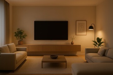 Elegant living room with wall mounted 4K TV above low credenza cozy sectional sofa soft rug and warm lighting minimalist interior design for modern homes