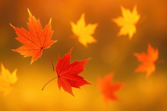 Autumn sale web banner with floating red and golden maple leaves soft bokeh light warm gradient background spacious copy area elegant seasonal design - Powered by Adobe