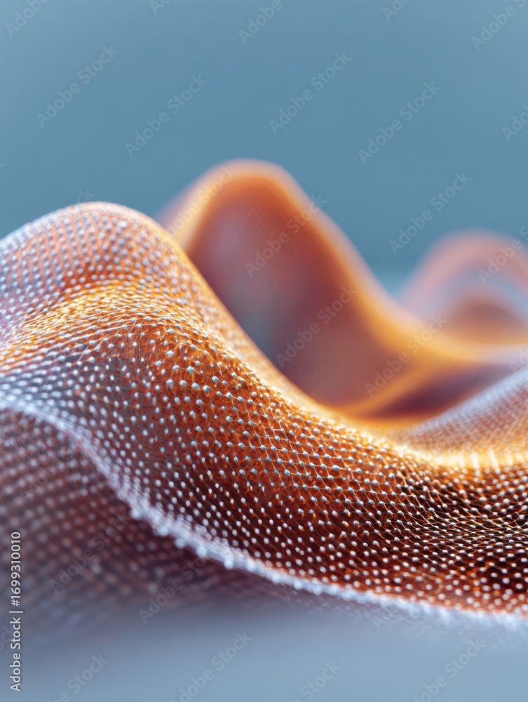 Poster close-up view of flowing orange fabric waves with intricate patterns and textures, softly illuminate