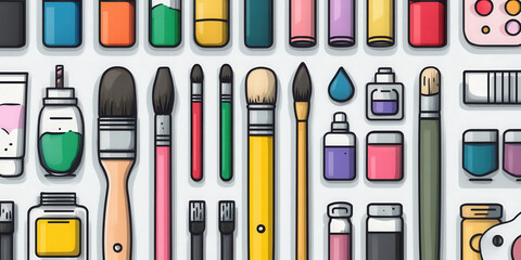 Colorful array of art supplies including brushes, paints, and markers is neatly arranged, showcasing creativity and organization. vibrant colors and variety of tools inspire artistic expression