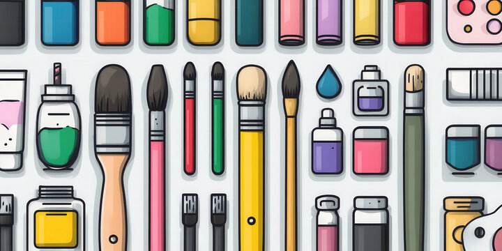 Colorful array of art supplies including brushes, paints, and markers is neatly arranged, showcasing creativity and organization. vibrant colors and variety of tools inspire artistic expression