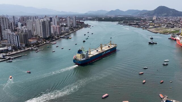 Freight Ship At Santos In Sao Paulo Brazil. Port Of Santos Scenery. Cargo Ship. Maritime Transportation. Freight Ship At Santos. Freight Ship Sailing.
