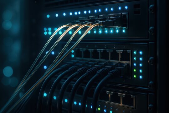 Fiber optic network cables glowing in dark server rack with status lights and cool haze futuristic data center concept with hint of quantum computing