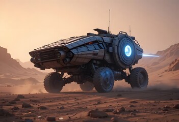 Fototapeta premium Futuristic rover exploring the desolate Martian landscape for scientific research and discovery in space