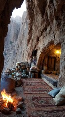 A cozy cave dwelling with a fire, rugs, and supplies.  The entrance reveals a rocky, mountainous landscape