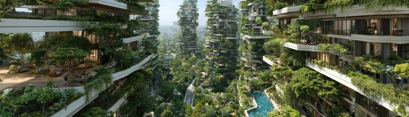Naklejka premium Eco friendly construction in contemporary metropolis concept. Modern eco-friendly architecture surrounded by lush greenery.