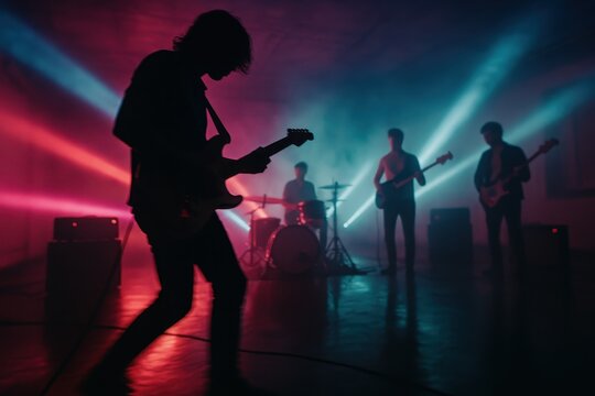 Indie rock band rehearsing in a neon fog warehouse with dynamic motion blur and silhouette guitarist creating a dreamy concert style studio background - Powered by Adobe
