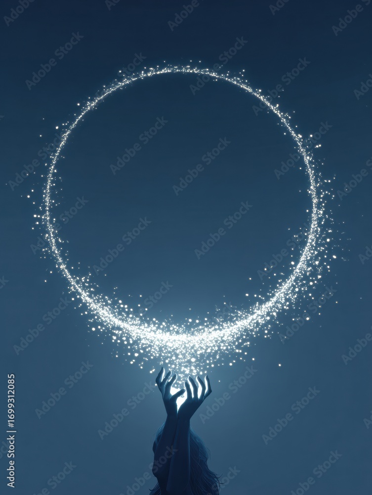 Poster hands creating a sparkling circle in the night sky using light and magic with a dark blue background
