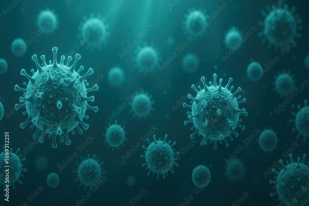 Poster microscopic viral particles floating in blue teal depth scientific background banner with shallow de