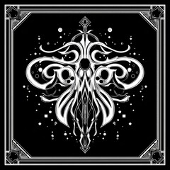 Intricate, symmetrical, black and white design featuring a central motif resembling a stylized insect or flower within an ornate square frame, scattered with small, light dots