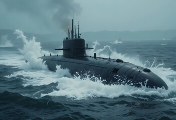 Powerful submarine sailing through turbulent ocean waves on a cloudy day, evoking strength and security