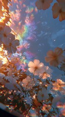 Low-angle shot of white flowers against a vibrant sunset sky, featuring iridescent clouds and a dreamy, slightly distorted aesthetic