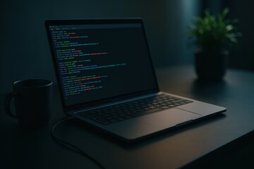 Sleek laptop on dark desk with glowing code on screen developer workspace minimal tech background productivity and software engineering vibe