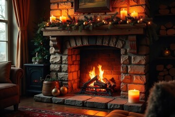 Cozy fireplace decorated with glowing embers, rustic wooden mantelpiece, holiday garland, and flickering candles creating a warm inviting atmosphere , winter, rustic, fireplace decor