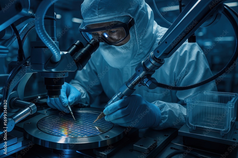 Poster engineer in cleanroom suit fabricating next generation microchip inside semiconductor lab neon instr