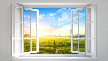 A bright and cheerful vista of a field, viewed through an open window, bathed in the warm light of sunrise or sunset.