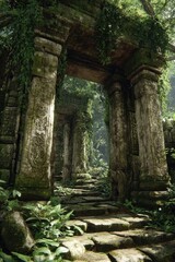 Sun-dappled stone pathway leading through overgrown ancient ruins, moss-covered pillars frame the entrance to a shadowed, jungle-clad passage