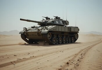 Powerful military tank maneuvering through vast desert terrain, perfect for defense or strategic warfare concepts