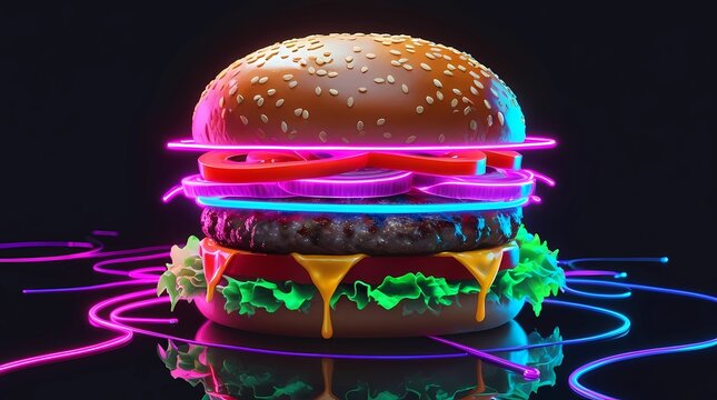 "Neon Cyber Burger"
A futuristic glowing hamburger with neon pink and blue lights, featuring layers of lettuce, tomato, cheese, and a sesame bun in a cyberpunk style.