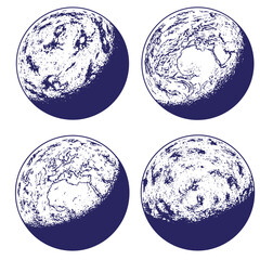 Obraz premium Four stylized illustrations of planets with atmospheric details in a vintage etching style