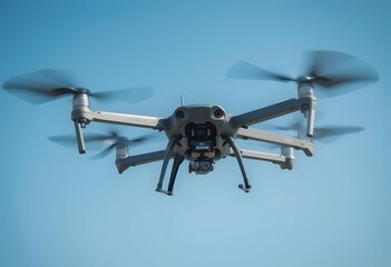 Modern drone soars against clear blue sky, capturing stunning aerial views for innovative filmmaking projects