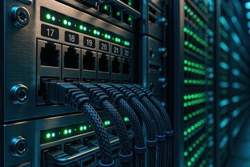 Ultra detailed close view of data center racks glowing server LEDs braided cables and tidy cable management pristine enterprise networking hardware aesthetic