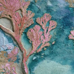 Abstract artwork depicting coral-like formations in pink and gold hues against a teal, textured background. The piece evokes a sense of underwater scenery or mineral deposits