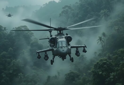 Powerful military helicopters flying over dense jungle landscape on a crucial tactical operation now