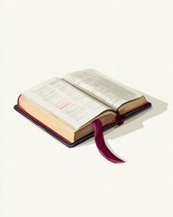A slightly angled, open book with burgundy cover and ribbon bookmark rests on a white background, casting a subtle shadow.  The pages appear filled with text