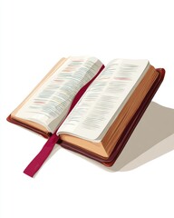 An open book with burgundy cover and a ribbon bookmark, resting at a slight angle against a white background, showing detailed pages with text