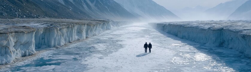 Snowy mountain hike by two mountaineers concept. Couple walking on frozen landscape with majestic mountain backdrop.