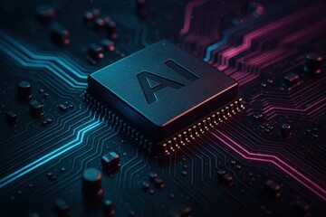 Futuristic AI processor glowing at the center of a high density motherboard with neon circuits data streams and micro solder detail next gen computing