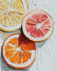 Impasto citrus still life three halved citrus fruits?lemon, grapefruit, and orange?rest on a textured white background.  The visible brushstrokes add to the painting's lively texture